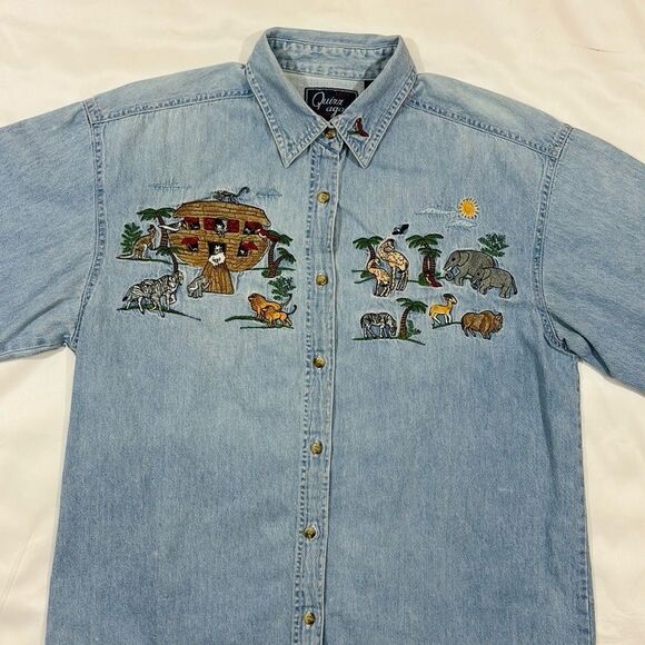 Vintage Embroidered Noah’s Arc Light Jean Button Down Shirt - Picture 3 of 11